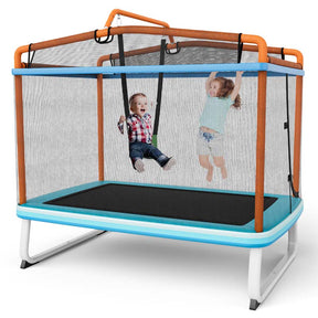 6FT 3-in-1 Rectangle Trampoline with Swing, Horizontal Bar & Safety Enclosure Net, ASTM Approved Toddler Trampoline for Indoor Outdoor