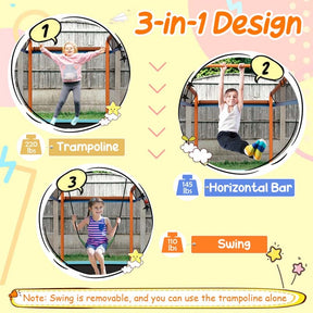 6FT 3-in-1 Rectangle Trampoline with Swing, Horizontal Bar & Safety Enclosure Net, ASTM Approved Toddler Trampoline for Indoor Outdoor