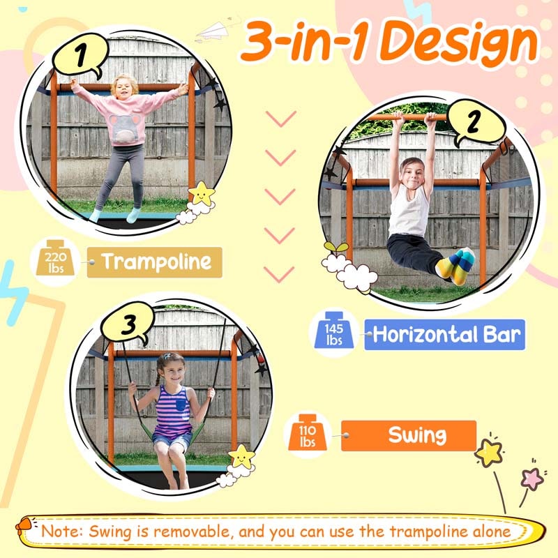 6FT 3-in-1 Rectangle Trampoline with Swing, Horizontal Bar & Safety Enclosure Net, ASTM Approved Toddler Trampoline for Indoor Outdoor