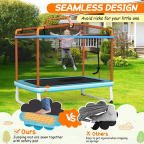 6FT 3-in-1 Rectangle Trampoline with Swing, Horizontal Bar & Safety Enclosure Net, ASTM Approved Toddler Trampoline for Indoor Outdoor