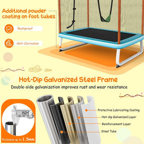 6FT 3-in-1 Rectangle Trampoline with Swing, Horizontal Bar & Safety Enclosure Net, ASTM Approved Toddler Trampoline for Indoor Outdoor