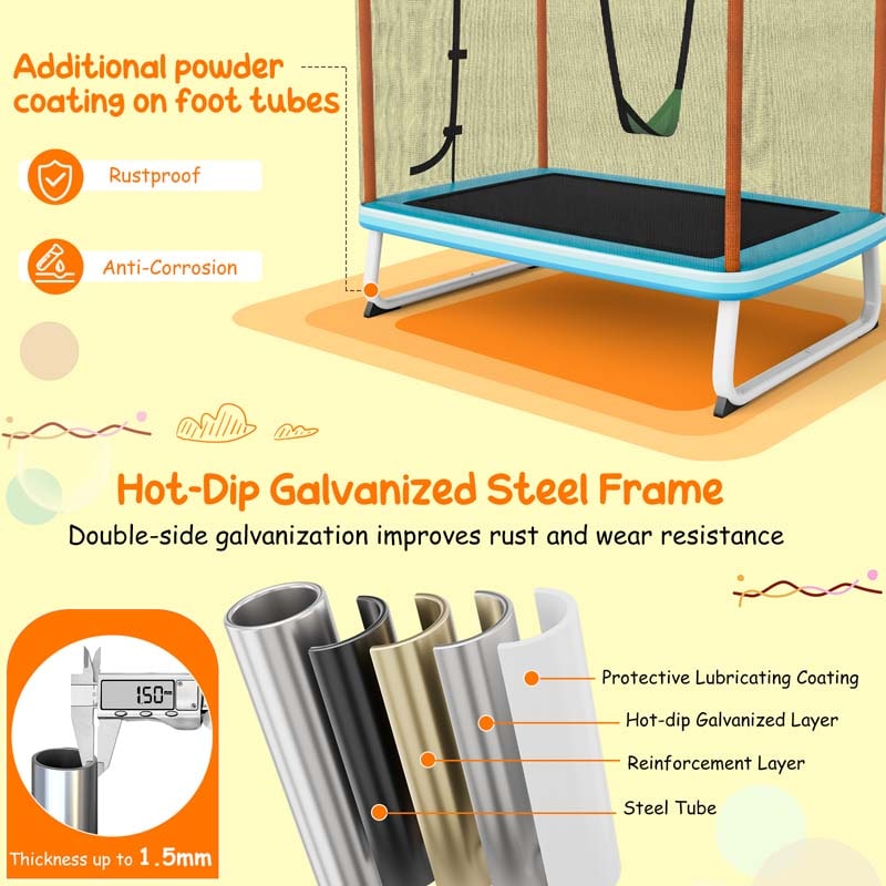 6FT 3-in-1 Rectangle Trampoline with Swing, Horizontal Bar & Safety Enclosure Net, ASTM Approved Toddler Trampoline for Indoor Outdoor
