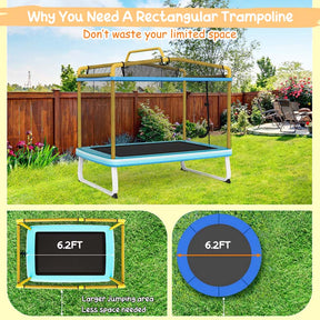 6FT 3-in-1 Rectangle Trampoline with Swing, Horizontal Bar & Safety Enclosure Net, ASTM Approved Toddler Trampoline for Indoor Outdoor