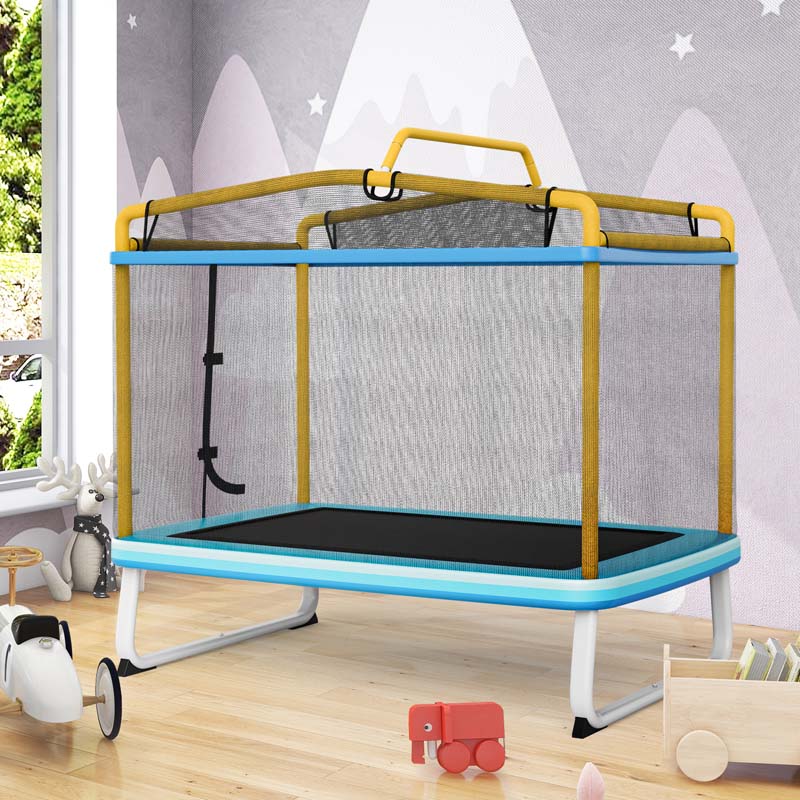 6FT 3-in-1 Rectangle Trampoline with Swing, Horizontal Bar & Safety Enclosure Net, ASTM Approved Toddler Trampoline for Indoor Outdoor
