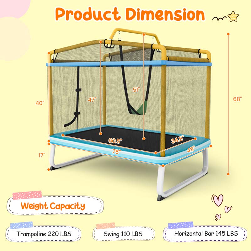 6FT 3-in-1 Rectangle Trampoline with Swing, Horizontal Bar & Safety Enclosure Net, ASTM Approved Toddler Trampoline for Indoor Outdoor