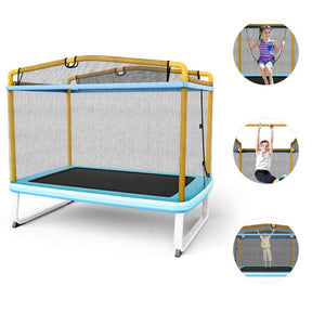 6FT 3-in-1 Rectangle Trampoline with Swing, Horizontal Bar & Safety Enclosure Net, ASTM Approved Toddler Trampoline for Indoor Outdoor