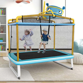 6FT 3-in-1 Rectangle Trampoline with Swing, Horizontal Bar & Safety Enclosure Net, ASTM Approved Toddler Trampoline for Indoor Outdoor