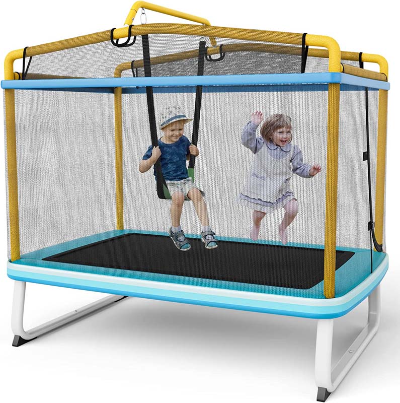 6FT 3-in-1 Rectangle Trampoline with Swing, Horizontal Bar & Safety Enclosure Net, ASTM Approved Toddler Trampoline for Indoor Outdoor