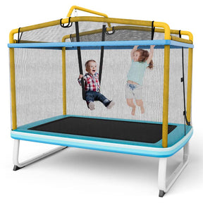 6FT 3-in-1 Rectangle Trampoline with Swing, Horizontal Bar & Safety Enclosure Net, ASTM Approved Toddler Trampoline for Indoor Outdoor