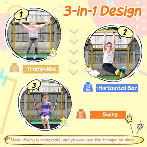 6FT 3-in-1 Rectangle Trampoline with Swing, Horizontal Bar & Safety Enclosure Net, ASTM Approved Toddler Trampoline for Indoor Outdoor