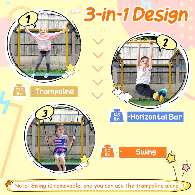 6FT 3-in-1 Rectangle Trampoline with Swing, Horizontal Bar & Safety Enclosure Net, ASTM Approved Toddler Trampoline for Indoor Outdoor
