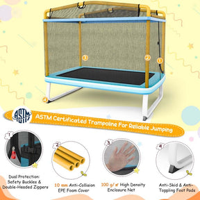 6FT 3-in-1 Rectangle Trampoline with Swing, Horizontal Bar & Safety Enclosure Net, ASTM Approved Toddler Trampoline for Indoor Outdoor