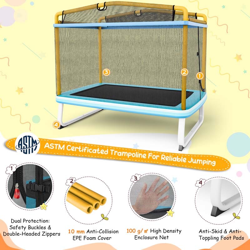 6FT 3-in-1 Rectangle Trampoline with Swing, Horizontal Bar & Safety Enclosure Net, ASTM Approved Toddler Trampoline for Indoor Outdoor