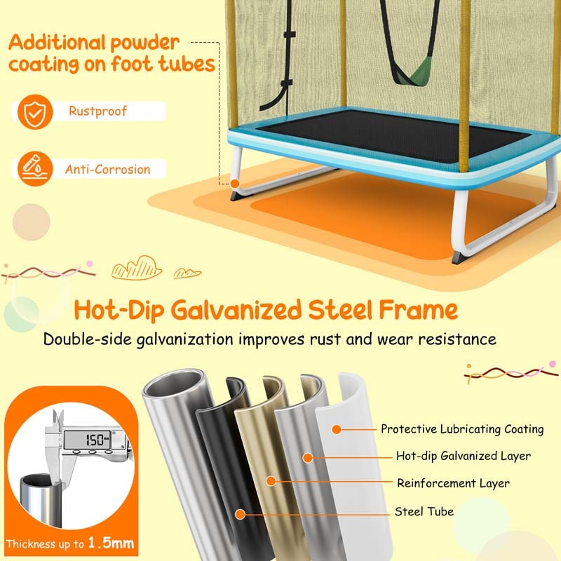 6FT 3-in-1 Rectangle Trampoline with Swing, Horizontal Bar & Safety Enclosure Net, ASTM Approved Toddler Trampoline for Indoor Outdoor