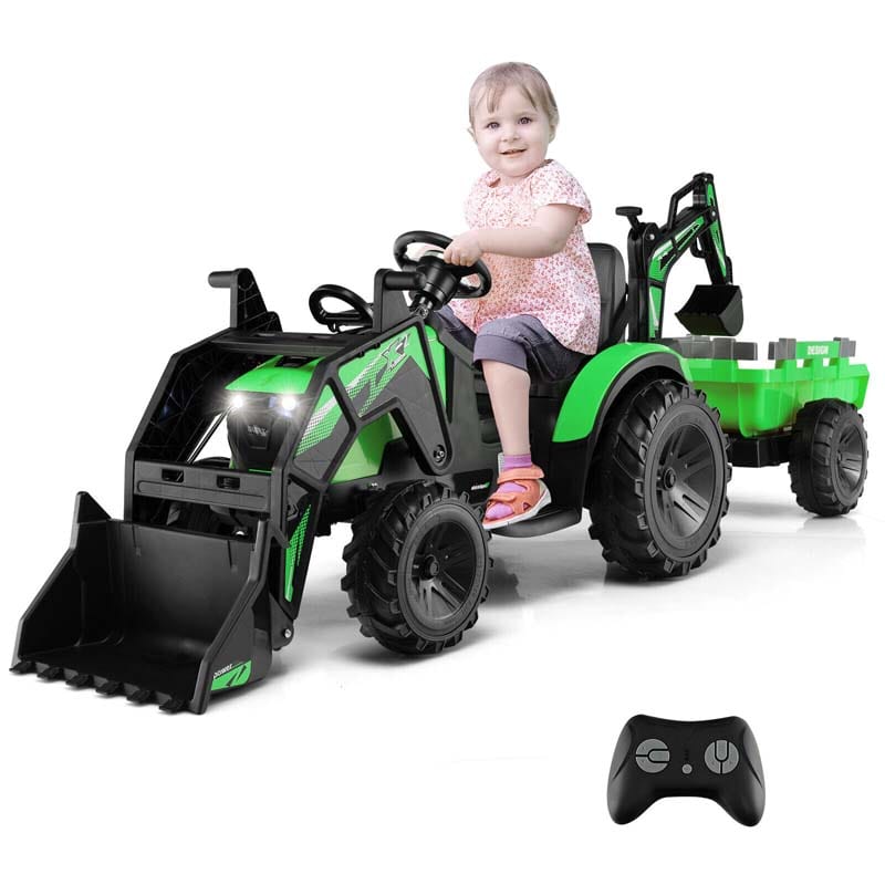 12V 3-in-1 Kids Ride On Tractor Excavator Bulldozer with Remote Control, Trailer & Shovel, Battery Electric Construction Vehicle for Ages 3-8