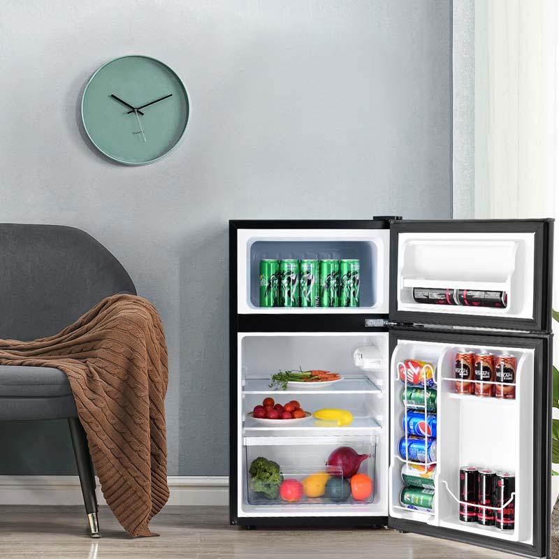 2-Door Mini Fridge with Freezer, 3.2 Cu.Ft Compact Refrigerator with Removable Glass Shelves & Mechanical Control for Dorm, Apartment