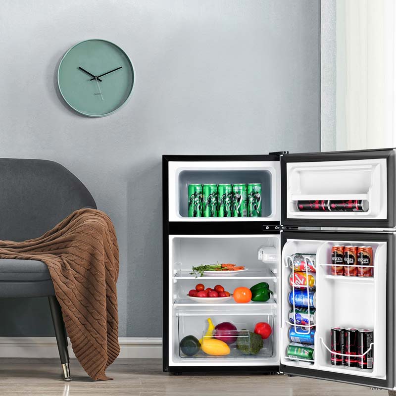 2-Door Mini Fridge with Freezer, 3.2 Cu.Ft Compact Refrigerator with Removable Glass Shelves & Mechanical Control for Dorm, Apartment