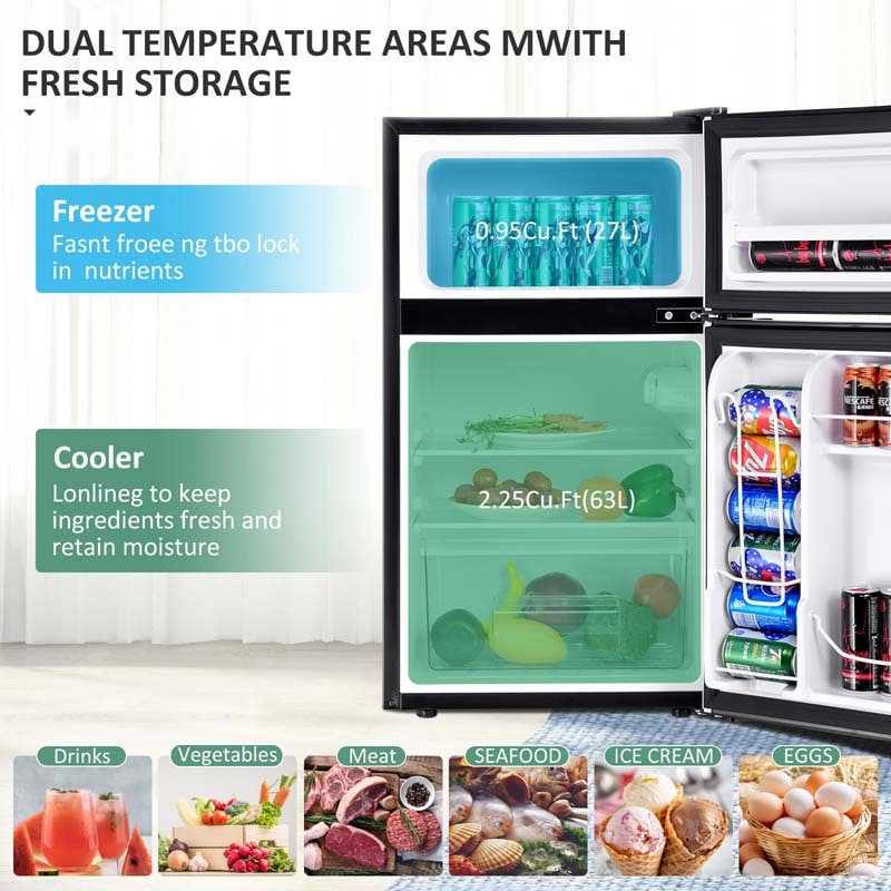 2-Door Mini Fridge with Freezer, 3.2 Cu.Ft Compact Refrigerator with Removable Glass Shelves & Mechanical Control for Dorm, Apartment