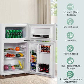 2-Door Mini Fridge with Freezer, 3.2 Cu.Ft Compact Refrigerator with Removable Glass Shelves & Mechanical Control for Dorm, Apartment
