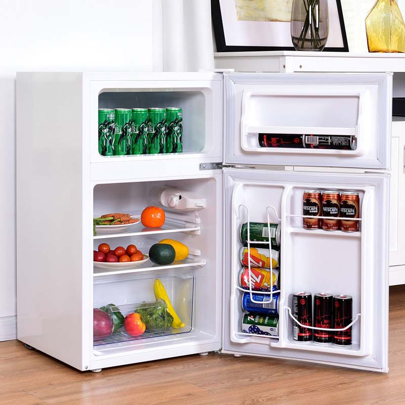 2-Door Mini Fridge with Freezer, 3.2 Cu.Ft Compact Refrigerator with Removable Glass Shelves & Mechanical Control for Dorm, Apartment
