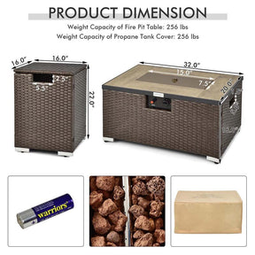 32" x 20" 40000 BTU Rattan Propane Fire Pit Table Set with Side Table Tank, Lava Rocks & Cover