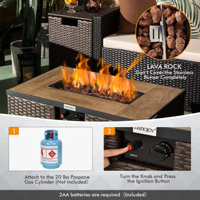 32" x 20" 40000 BTU Rattan Propane Fire Pit Table Set with Side Table Tank, Lava Rocks & Cover