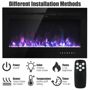 36" Ultra-Thin Recessed Electric Fireplace Insert, 1500W Wall-mounted Fireplace Heater with 9 Flame Colors