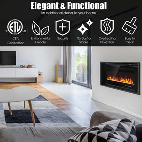 36" Ultra-Thin Recessed Electric Fireplace Insert, 1500W Wall-mounted Fireplace Heater with 9 Flame Colors