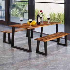 3 Piece Rustic Acacia Wood Dining Table Set with 2 Benches, Picnic Table Bench Set with Metal Legs for Indoor & Outdoor Use