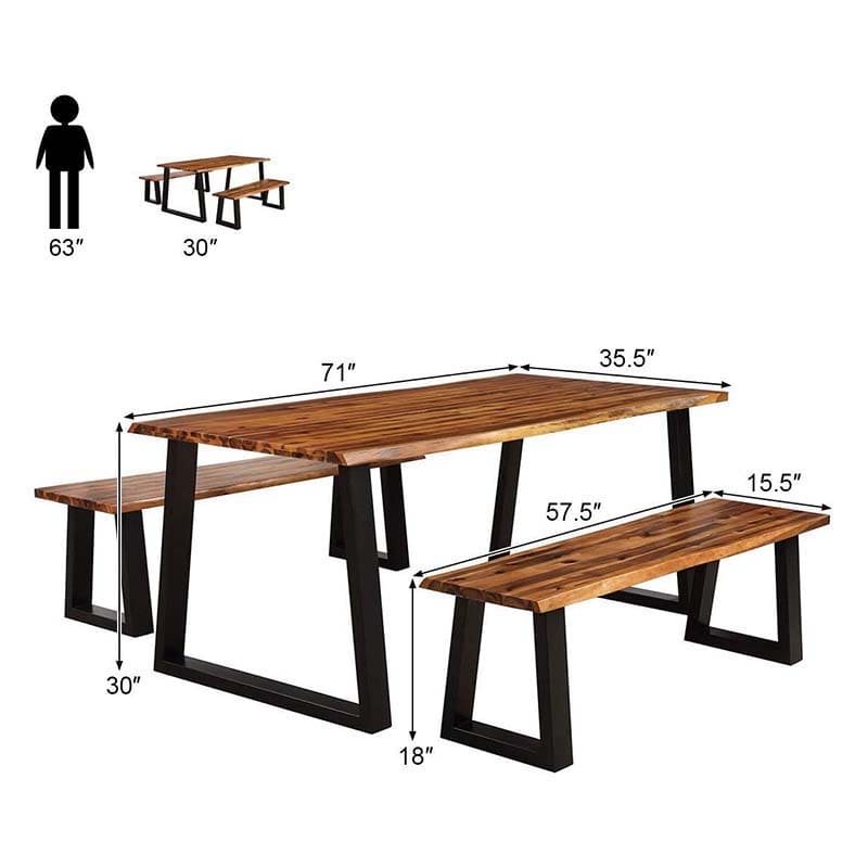 3 Piece Rustic Acacia Wood Dining Table Set with 2 Benches, Picnic Table Bench Set with Metal Legs for Indoor & Outdoor Use
