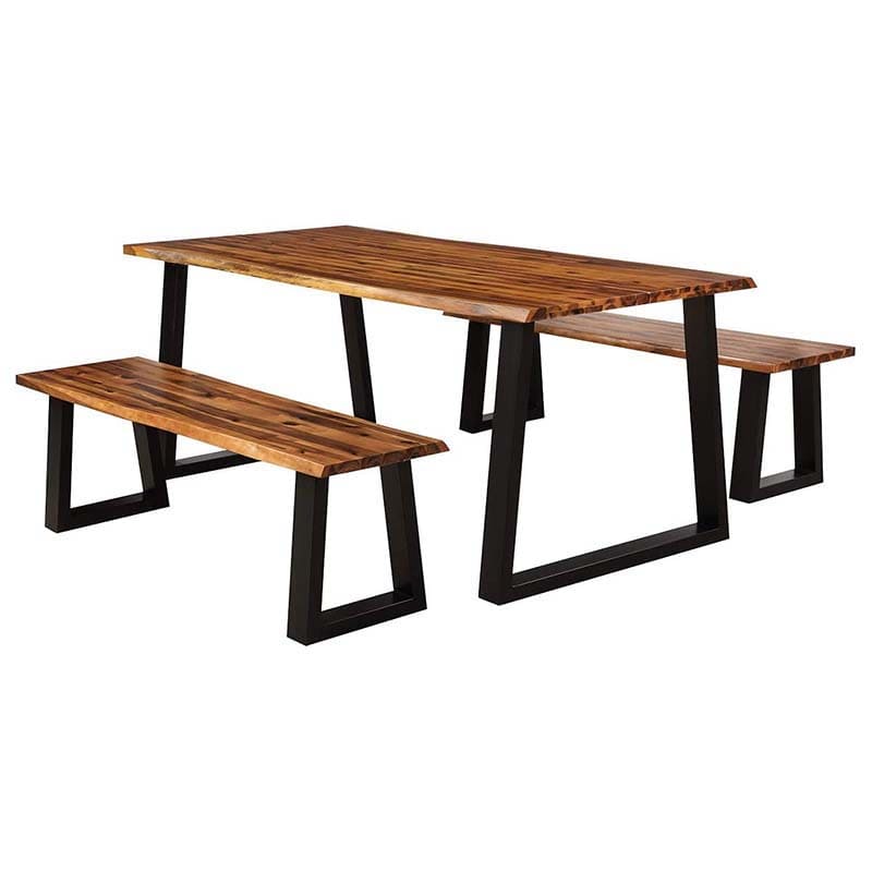 3 Piece Rustic Acacia Wood Dining Table Set with 2 Benches, Picnic Table Bench Set with Metal Legs for Indoor & Outdoor Use
