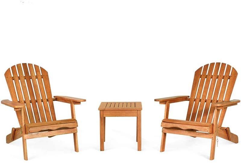 3-Piece Folding Adirondack Chair Set with Side Table, Eucalyptus Wood Outdoor Lounger Chairs & Table Set for Backyard, Garden, Poolside