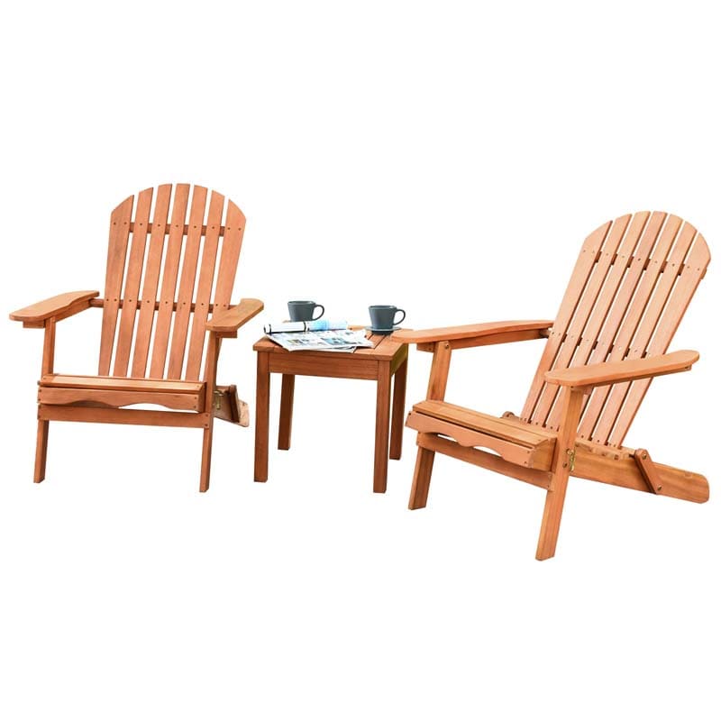 3-Piece Folding Adirondack Chair Set with Side Table, Eucalyptus Wood Outdoor Lounger Chairs & Table Set for Backyard, Garden, Poolside