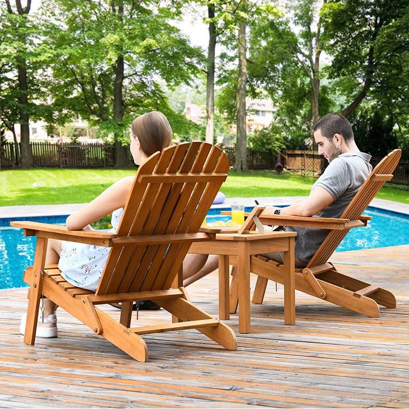 3-Piece Folding Adirondack Chair Set with Side Table, Eucalyptus Wood Outdoor Lounger Chairs & Table Set for Backyard, Garden, Poolside