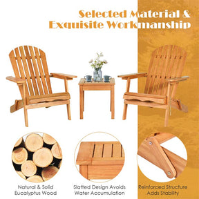 3-Piece Folding Adirondack Chair Set with Side Table, Eucalyptus Wood Outdoor Lounger Chairs & Table Set for Backyard, Garden, Poolside