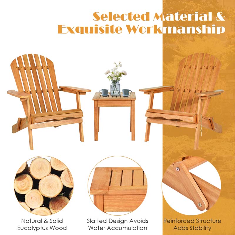3-Piece Folding Adirondack Chair Set with Side Table, Eucalyptus Wood Outdoor Lounger Chairs & Table Set for Backyard, Garden, Poolside