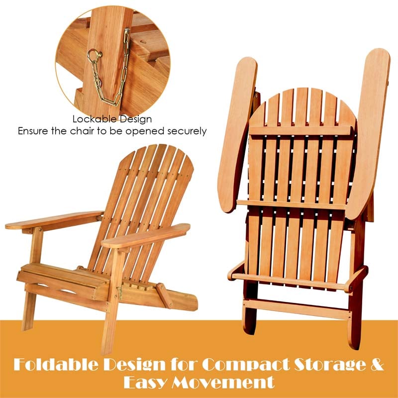 3-Piece Folding Adirondack Chair Set with Side Table, Eucalyptus Wood Outdoor Lounger Chairs & Table Set for Backyard, Garden, Poolside