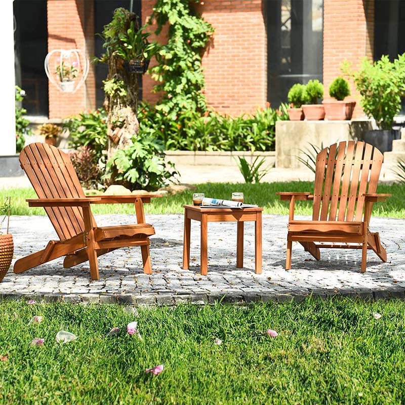 3-Piece Folding Adirondack Chair Set with Side Table, Eucalyptus Wood Outdoor Lounger Chairs & Table Set for Backyard, Garden, Poolside