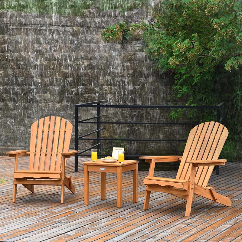 3-Piece Folding Adirondack Chair Set with Side Table, Eucalyptus Wood Outdoor Lounger Chairs & Table Set for Backyard, Garden, Poolside