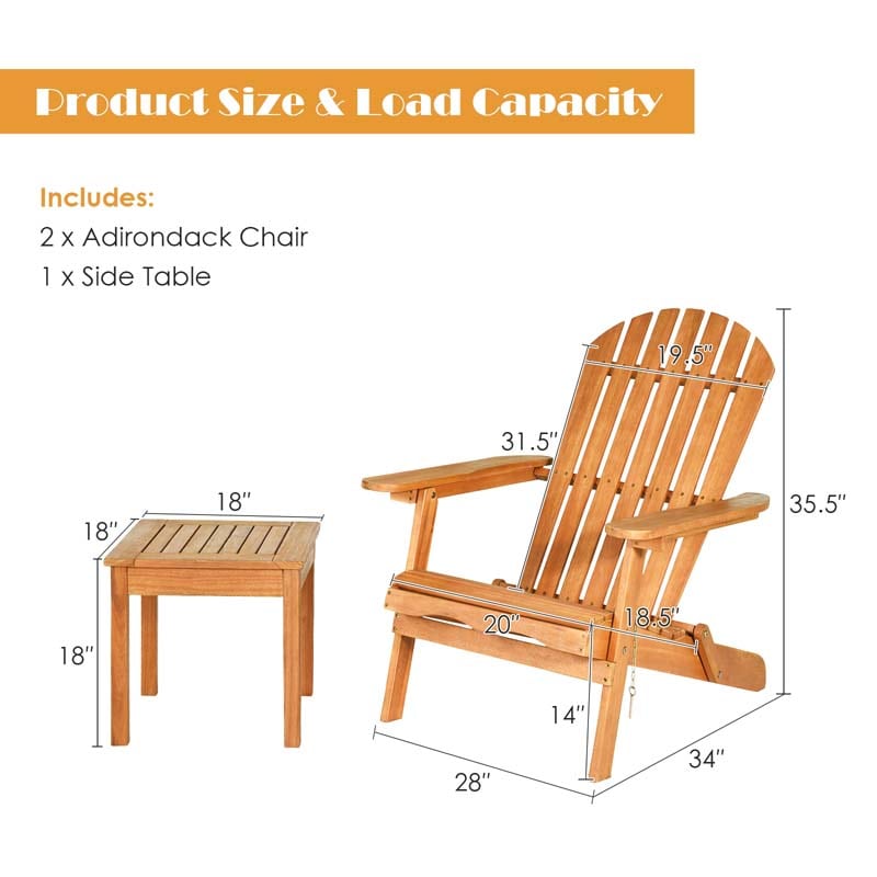 3-Piece Folding Adirondack Chair Set with Side Table, Eucalyptus Wood Outdoor Lounger Chairs & Table Set for Backyard, Garden, Poolside