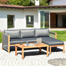 3 Pcs Acacia Wood Patio Conversation Set with Nylon Rope Armrest, L Shape Outdoor Furniture Set