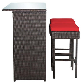 3 Pcs Rattan Patio Bar Dining Set Outdoor Counter Height Table Set with Cushioned Stools & Glass Top Table
