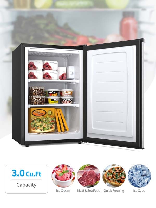 3.0 Cu.Ft Compact Upright Freezer, Mini Freezer with Reversible Single Stainless Steel Door & Removable Shelves for Home Office, Apartment