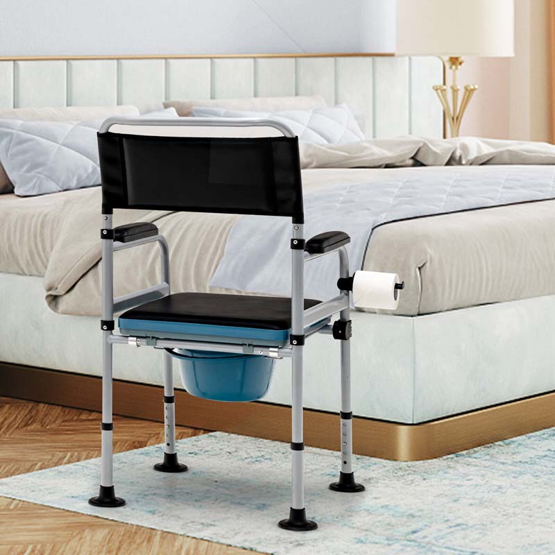 4-in-1 Folding Bedside Commode Chair with Arms, Height Adjustable Portable Toilet Bath Shower Potty Chair