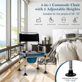 4-in-1 Folding Bedside Commode Chair with Arms, Height Adjustable Portable Toilet Bath Shower Potty Chair