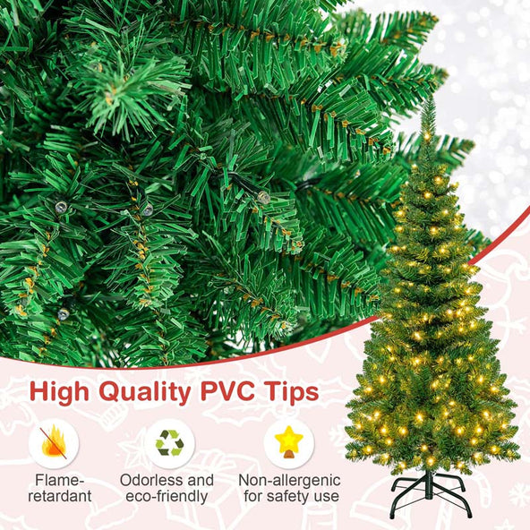 4.5/6.5/7.5FT Pre-Lit Artificial Slim Pencil Christmas Tree with Hinged Branch Tips, LED Lights & Solid Metal Stand