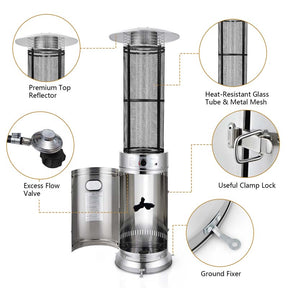 41000 BTU Standing Propane Patio Heater with Wheels, Stainless Steel Round Glass Tube Gas Outdoor Heater