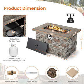 43.5" Faux Stone Rectangular Propane Fire Pit Table, 50000 BTU Gas Fire Table with Lava Rocks & PVC Cover