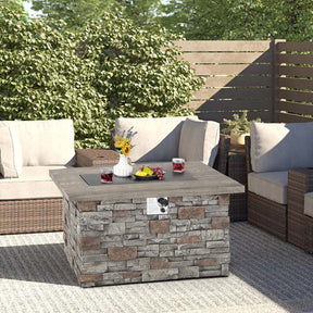 43.5" Faux Stone Rectangular Propane Fire Pit Table, 50000 BTU Gas Fire Table with Lava Rocks & PVC Cover