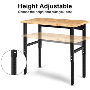 48" Adjustable Bamboo Workbench for Garage, 1500 LBS Heavy-Duty Work Table Hardwood Workstation